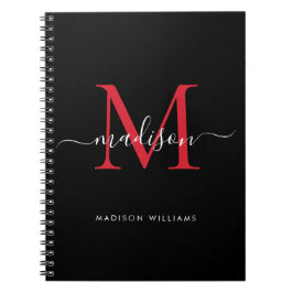 Trendy Black Burgund Red Monogram Script Name Notizblock