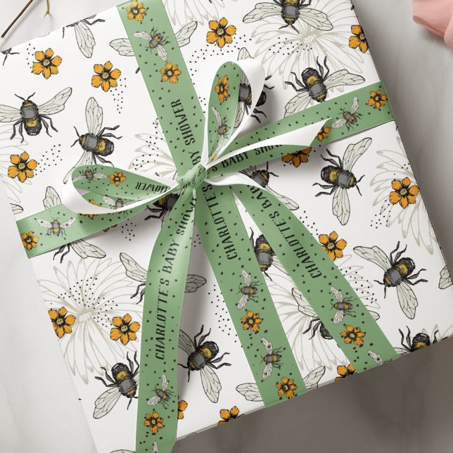 Trendy Black Buzzing Honeybee für Frühjahr und Som Geschenkpapier (Trendy Buzzing Bees and flowers pattern. Look for matching ribbon that comes in 1.5" or 3" width :)))