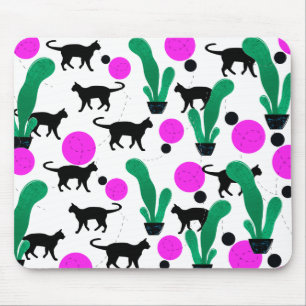 Trendy Black Cat and Cactus Pattern Mousepad