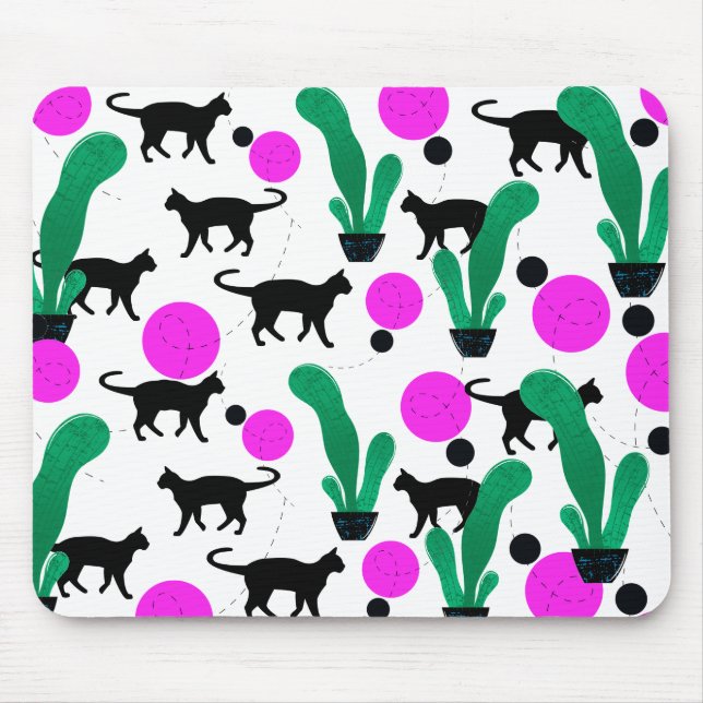 Trendy Black Cat and Cactus Pattern Mousepad (Vorne)