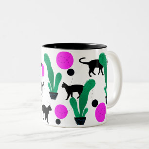 Trendy Black Cat and Cactus Pattern Zweifarbige Tasse
