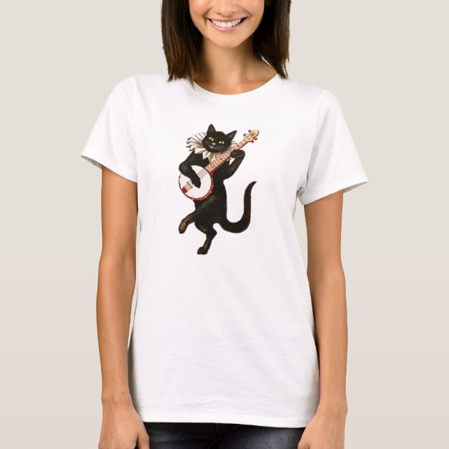Trendy Black Cat Playing Banjo T-Shirt (Vorderseite)