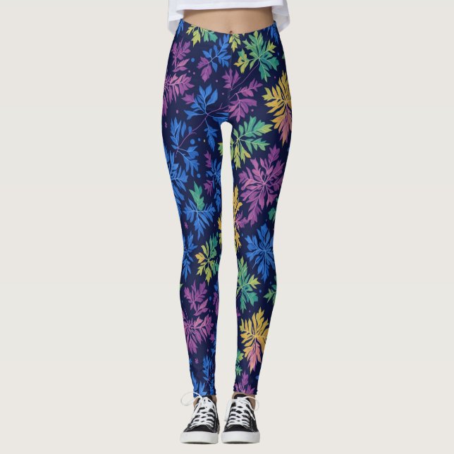 Trendy Black Colorful Blätter Botanisches Muster Leggings (Vorderseite)