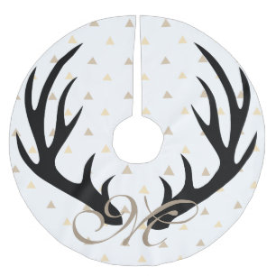 Trendy Black Deer Antlers Gold Confetti Monogram Polyester Weihnachtsbaumdecke