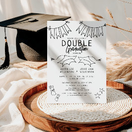Trendy Black Doodle Double Graduation Party Einladung