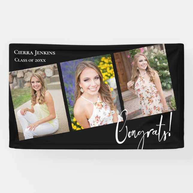 Trendy Black Foto Graduation Party Banner (Horizontal)