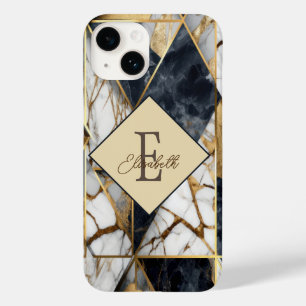 Trendy Black Gold Geometric Marble Monogram Case-Mate iPhone 14 Hülle