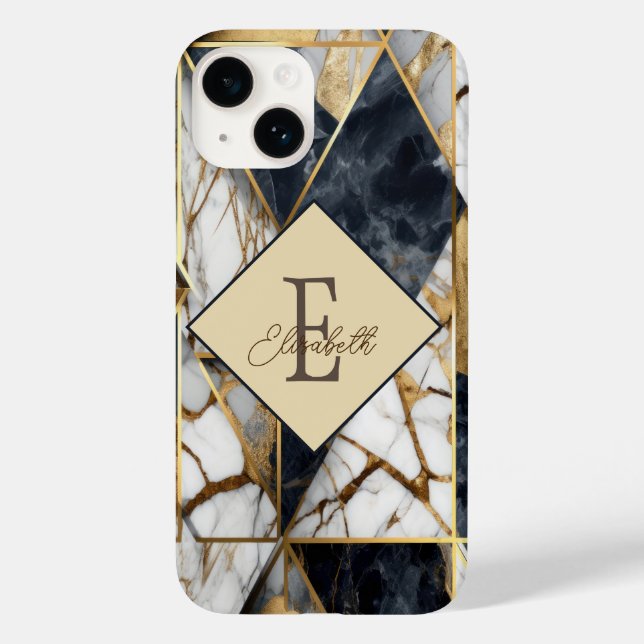 Trendy Black Gold Geometric Marble Monogram Case-Mate iPhone Hülle (Rückseite)