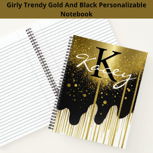 Trendy Black Gold Glitzer Girly Monogram Name Notizbuch