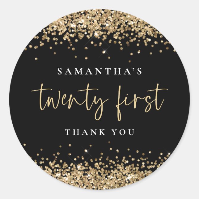 Trendy Black Gold Glitzer Name 21. Vielen Dank Runder Aufkleber (Vorderseite)