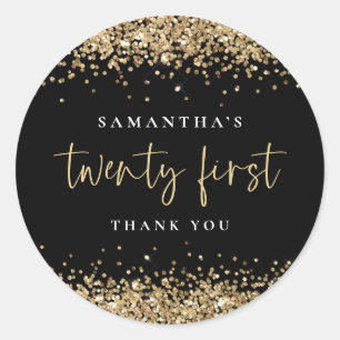 Trendy Black Gold Glitzer Name 21. Vielen Dank Runder Aufkleber