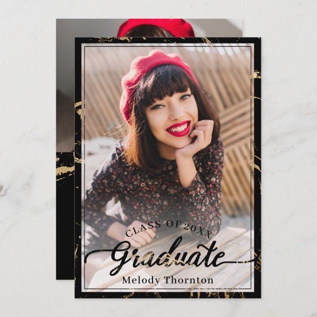 Trendy Black Gold Marble 2 Foto Graduation Party Einladung (Vorne/Hinten)