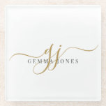 Trendy Black Gold Monogram Initial Script Name Glasuntersetzer<br><div class="desc">Mit diesem personalisierten Monogramm-Untersetzer verleihen Sie Ihrem Raum schlichte Eleganz. Es ist mit anmutigen goldenen Schriftzeichen und einem raffinierten Serifennamen konzipiert und ist ein moderner, aber zeitloser Akzent, der auf der Zuhause oder im Büro gut funktioniert. Dieses vielseitige Stück ist perfekt geeignet, um eine Touch von Eleganz hinzuzufügen. Es sieht...</div>