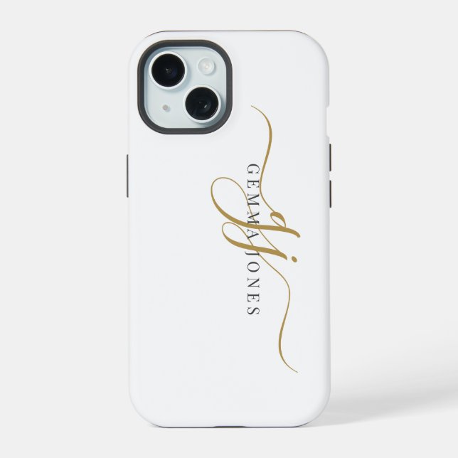Trendy Black Gold Monogram Initial Script Name iPhone 15 Hülle (Rückseite)