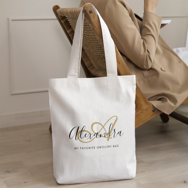 Trendy Black Gold Monogram Initial Script Name Tragetasche (Trendy Black Gold Monogram Initial Script Name Tote Bag)