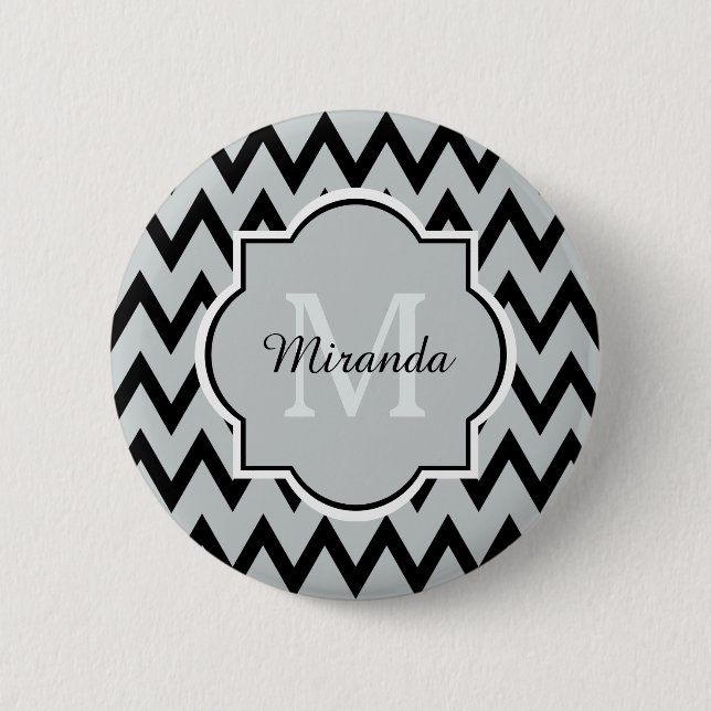 Trendy Black Gray Zickzack Zigzag Name und Monogra Button (Vorderseite)