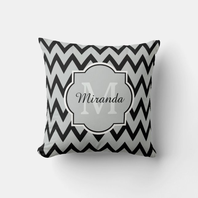 Trendy Black Gray Zickzack Zigzag Name und Monogra Kissen (Vorderseite)