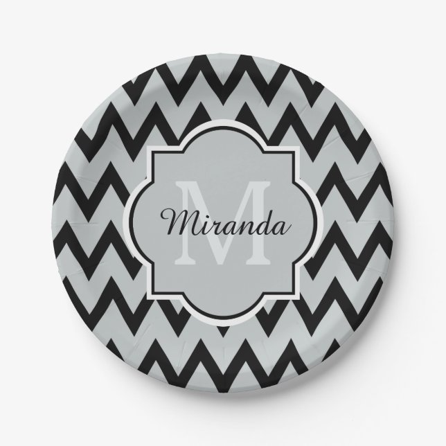 Trendy Black Gray Zickzack Zigzag Name und Monogra Pappteller (Vorderseite)