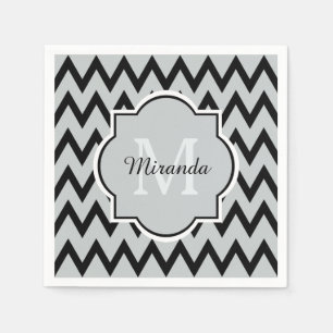 Trendy Black Gray Zickzack Zigzag Name und Monogra Serviette