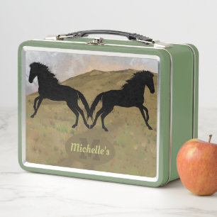 Trendy Black Horses Monogram Metal Lunch Box