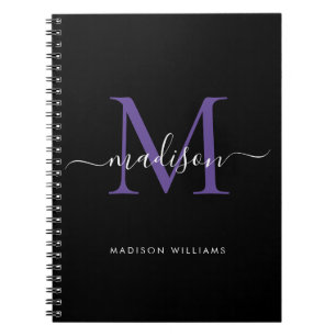 Trendy Black Lila Violet Monogram Script Name Notizblock