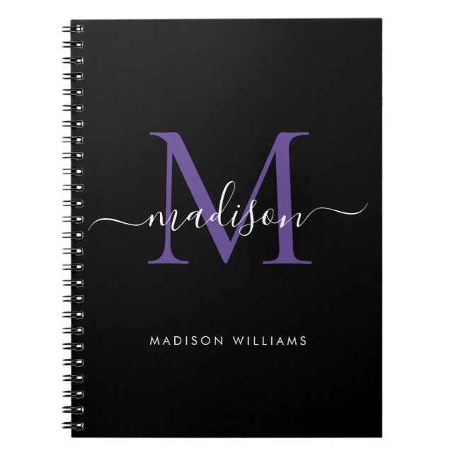 Trendy Black Lila Violet Monogram Script Name Notizblock (Vorderseite)