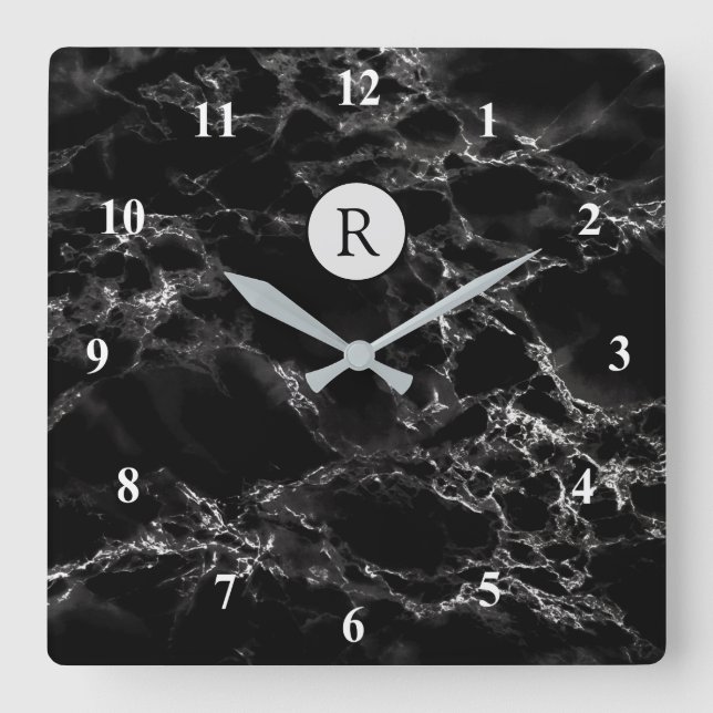 Trendy Black Marble Stone - Add Letter /Logo /more Quadratische Wanduhr (Vorderseite)