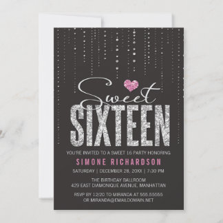 Trendy Black Pink Silver Glitzer Sweet 16 Einladung