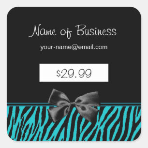 Trendy Black und Aquamarin Zebra Print Price Tags Quadratischer Aufkleber