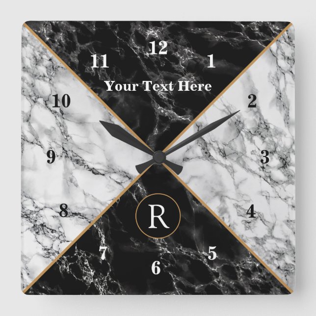 Trendy Black & White Karo Marmor - Hinzufügen von  Quadratische Wanduhr (Vorderseite)