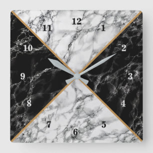Trendy Black & White Karo Marmorsteine - Luxus Quadratische Wanduhr