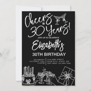 Trendy Black & White Whimsical 30. Geburtstag Einladung