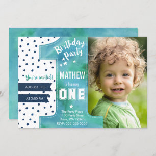 Trendy   Blau   Aquarell   Erster Geburtstag   Einladung