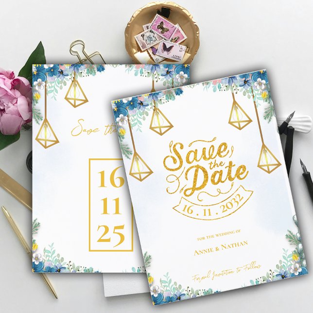 Trendy Blau gelbe Blüte mit Lanterns Wedding Ankündigungspostkarte (Trendy Blue Yellow Floral With Lanterns Wedding Announcement Postcard)