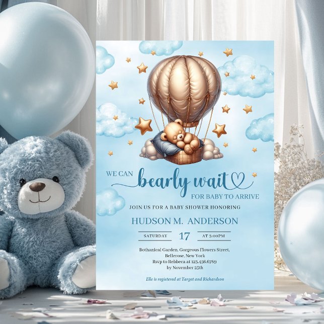 Trendy Blau und Gold warten auf die Baby-Dusche Einladung ( we can bearly wait blue and gold boy baby shower invitation)