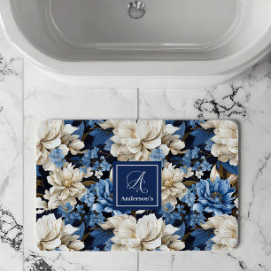 Trendy Blaue Elfenbein Blumen Personalisierte Bade Badematte