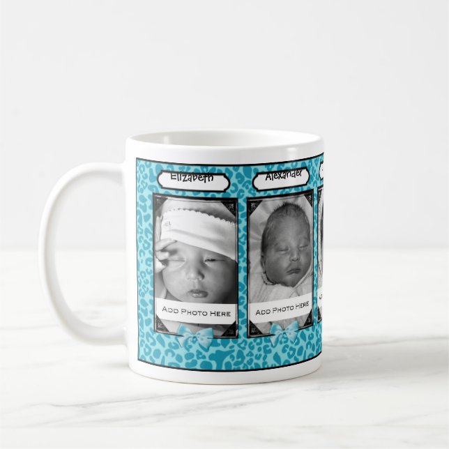 Trendy blaues Leopard-Baby-Foto und Name Tasse (Links)