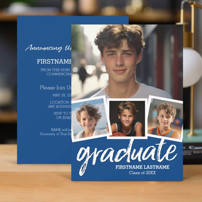 Trendy Blue Abschluss Ankündigung Party 4 Foto (Classic Graduation Announcement and Party Invitation with 4 Photos)