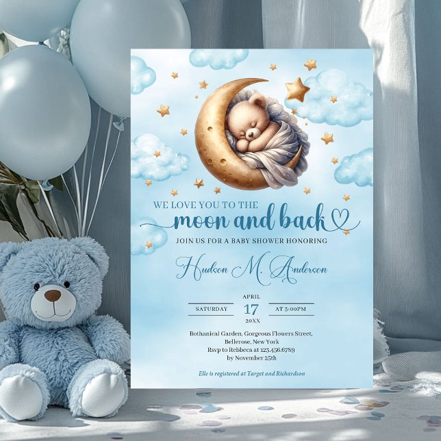 Trendy Blue and gold moon and back Boy Baby Show Einladung (we love you to the moon and back - boy baby shower invitation)