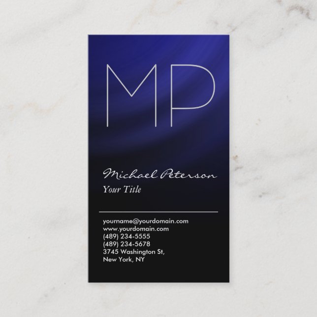 Trendy Blue Black Gray Monogram Business Card Visitenkarte (Vorderseite)