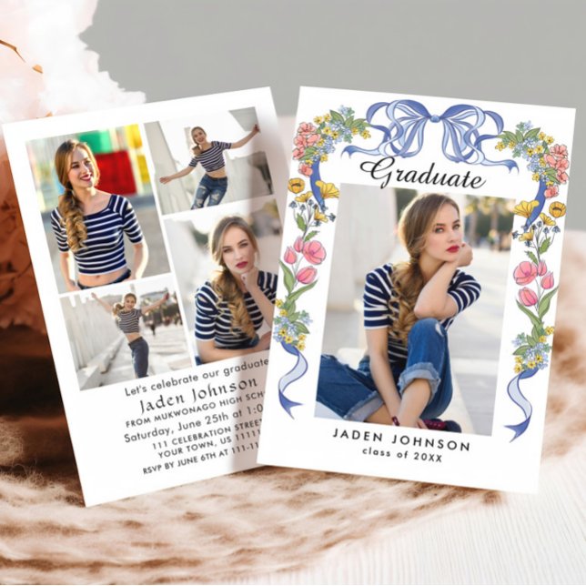 Trendy Blue Bow Coquette 5 FOTO Graduation Party Einladung (Von Creator hochgeladen)