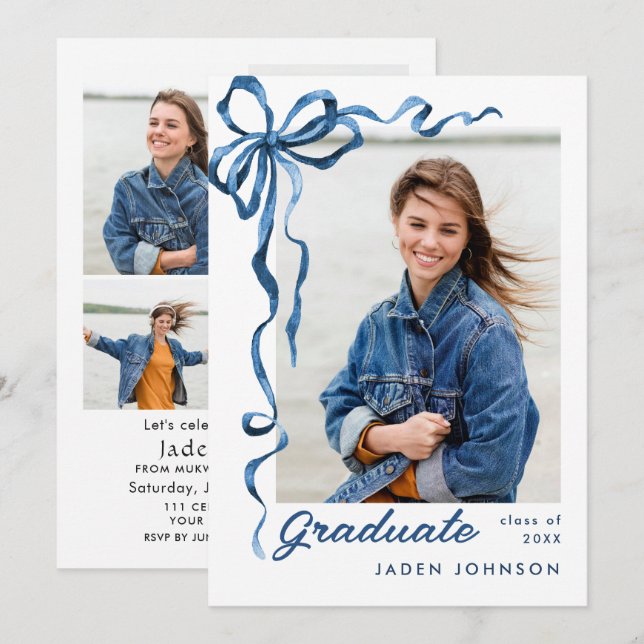 Trendy Blue Bow Ribbon 5 FOTO Graduation Party Einladung (Vorne/Hinten)