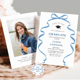 Trendy Blue Bow Ribbon FOTO Graduation Party Einladung
