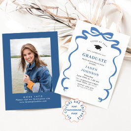 Trendy Blue Bow Ribbon FOTO Graduation Party Einladung