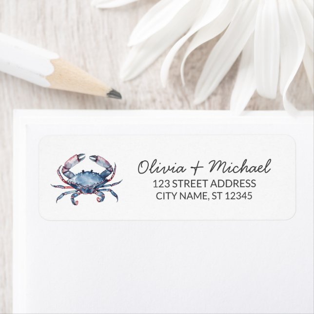 Trendy Blue Coastal  Crab Nautical Return Address (Insitu)