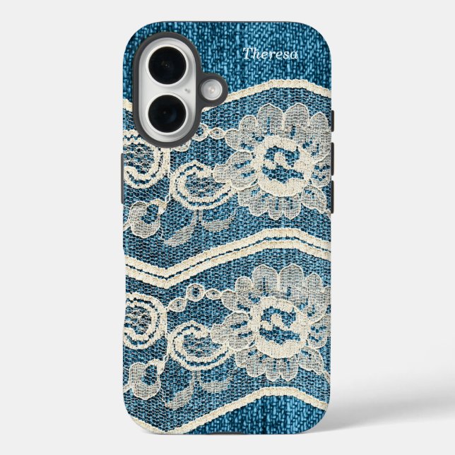 Trendy Blue Denim & White Lace Case-Mate iPhone Hülle (Rückseite)
