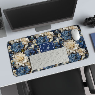 Trendy Blue Elfenbein Blumen Personalisierte Schre Schreibtischunterlage