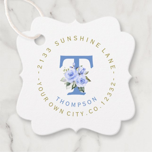 Trendy Blue Floral Circle Address Label (Vorderseite)