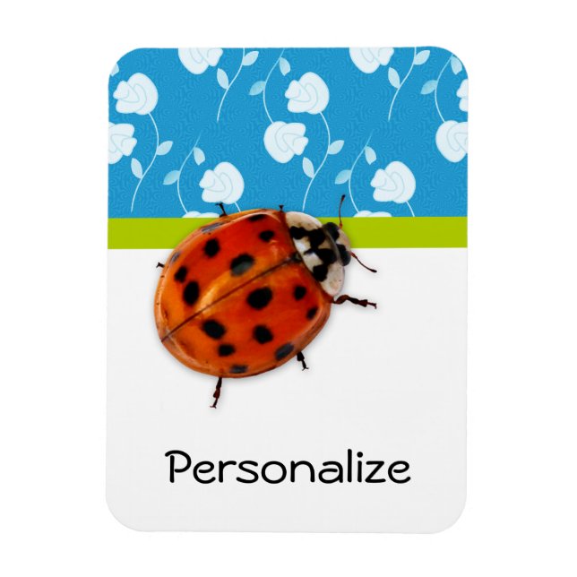 Trendy Blue Floral Ladybug mit Namen Magnet (Vertikal)
