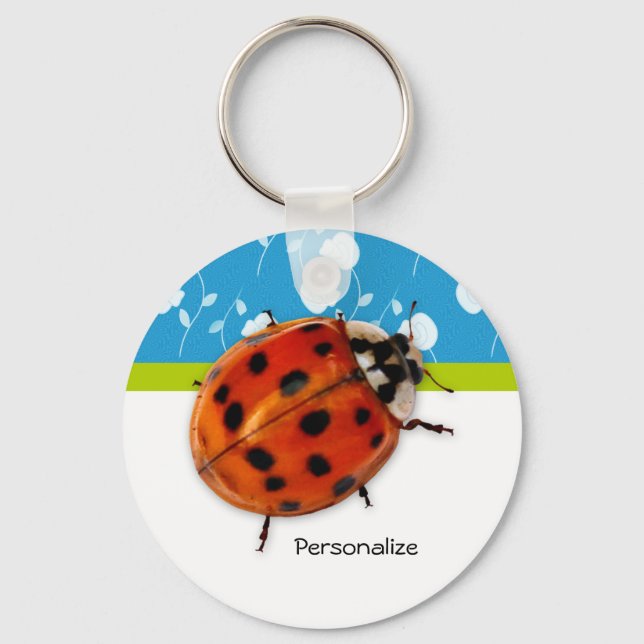 Trendy Blue Floral Ladybug mit Namen Schlüsselanhänger (Vorderseite)